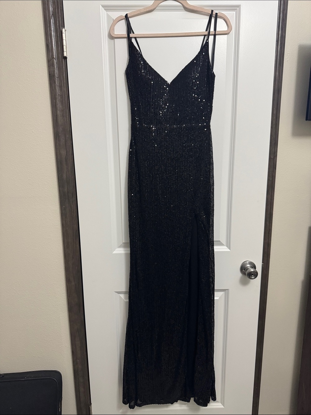 B. Smart Black Sequin Spaghetti Strap Evening Gown